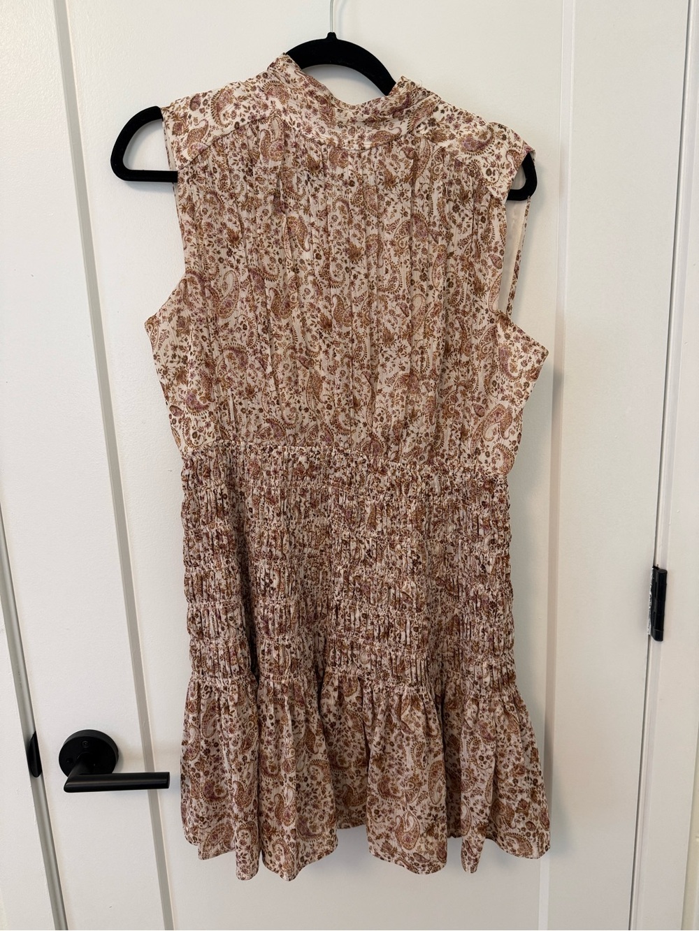 Smocked Waist Paisley Mini Dress in Light Brown
